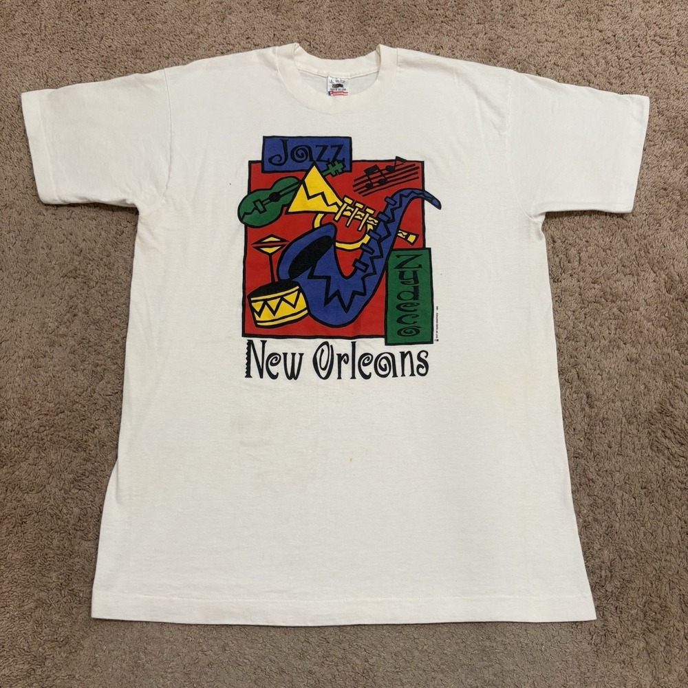 Vintage New Orleans Jazz T-Shirt Men's Large White Instruments Mardi Gras 90s